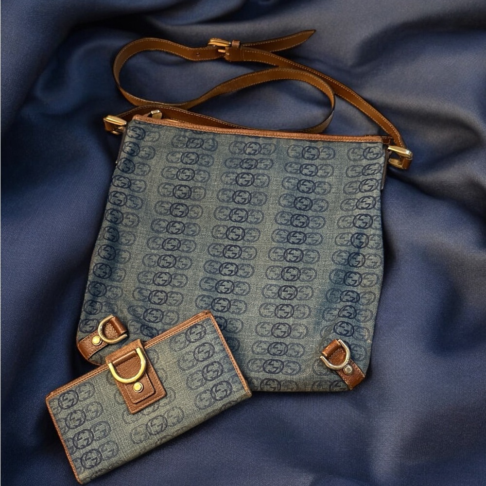 Authentic Gucci Blue/Brown Denim GG D Ring Continental Wallet & Crossbody Bag